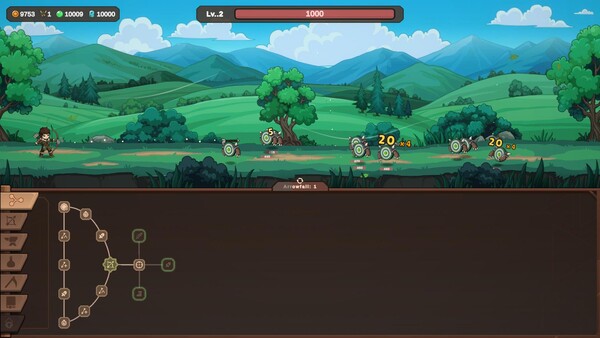 Zad Archery gameplay with the skill tree open beneath a target wave.